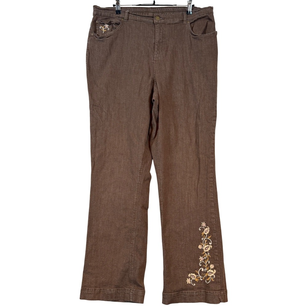 Denim & Co Womens XL Brown Floral Embroidered Cottagecore Boho Jeans Pants Brown